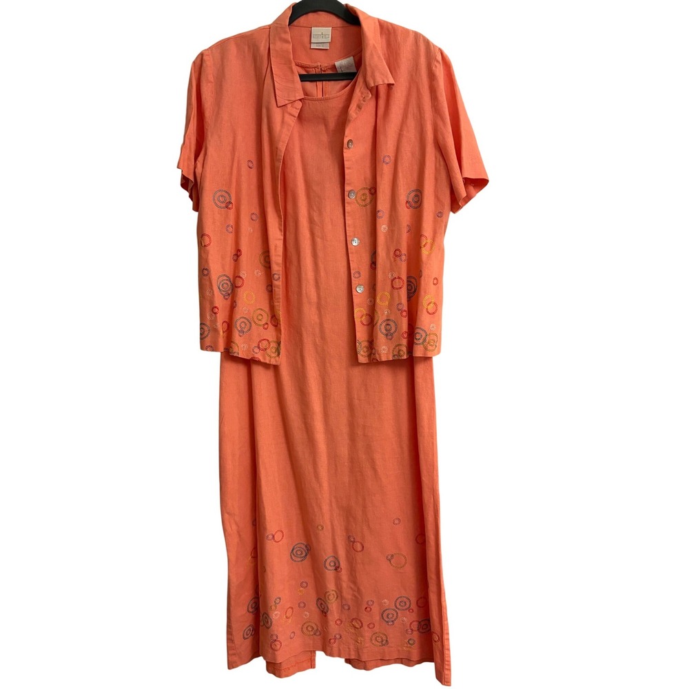 Studio C Coral Pink Linen Blend Embroidered Dress and Shirt Set Beach Size 12